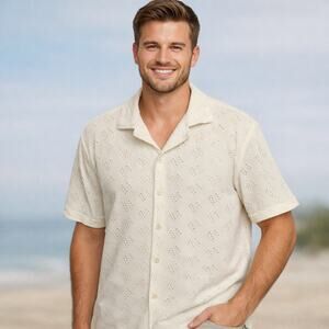 INDICODE Men’s L Ivory Textured Knit Polo Shirt Cotton Short Sleeve Beach summer